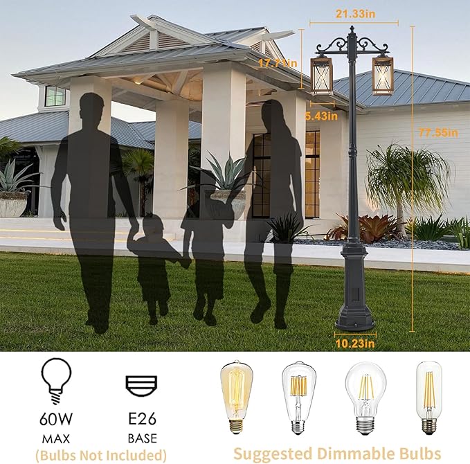 Dusk to Dawn Outdoor Lamp Post Lights with GFCI OutletDouble-Head Farmhouse Street Light FixtureAluminum Black Pole Exterior Lights Waterproof Lantern Outdoor Lighting
