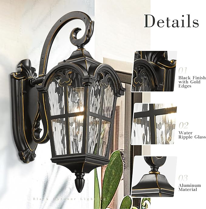 Emliviar Vintage Outdoor Lighting Fixture Wall Sconces with Water Ripple Glass 17.5 Front Porch Wall Lantern Black Finish with Gold Edges WE215B-SW BG