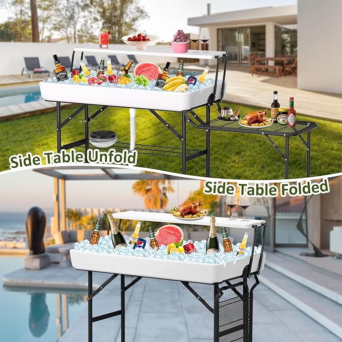 Dragosum Outdoor Ice Cooler Table with Metal Side Desktop Folding Ice Table with Mesh Desktop Portable Bar Drink Cooler Desk‌ with Skirt for Camping Picnic BBQ Party (Black)