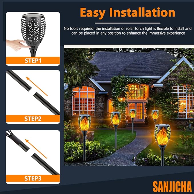4 Pack Super Larger Size Solar Flame Torch Lights with Flickering Flame Solar Flame Lights Outdoor Waterproof for Garden Decor Extra Bright Tiki Torches Solar Lights Outdoor for Pathway Patio Yard