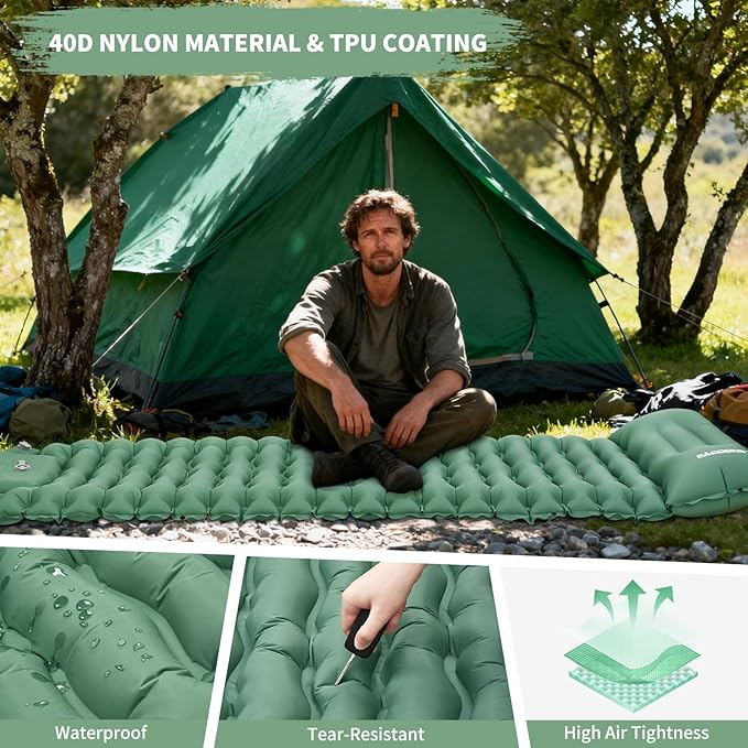 Camping Sleeping Pad Connectable Design for Double Mat Ultralight Inflatable Sleeping Mat with Pillow Built-in Foot Pump Portable Camping Air Mattress for Backpacking Hiking Tent (Green)