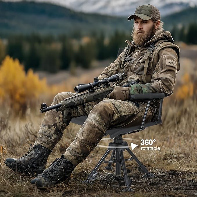 Nice C Swivel Hunting Chair 360 Degree Rotating Silent Hunting Blind Chair Turkey Chairs Strutter Chairs with Adjustable Height Armrest No-Sink Feet Shoulder Strap Cup Holder