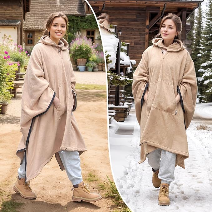 Fleece Wearable Blankets Camping Blanket Poncho 74.5 in * 63 in Warm Comfy Durable &amp Portable Machine Washable for Stadium Concerts Car Travel Sports Hiking Sofa. (Khaki)