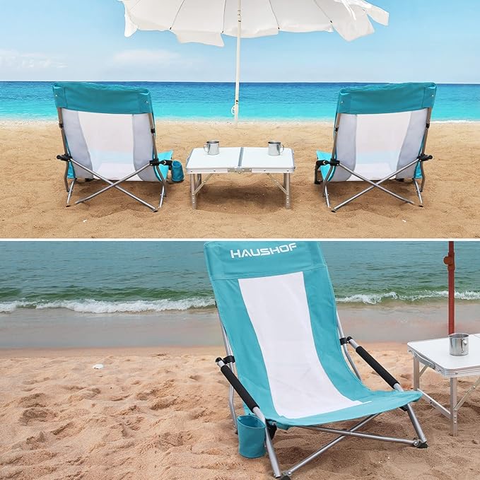 HAUSHOF High Back Beach Chair Mesh Back Folding Chair Lightweight Low Seat Camping Chairs with Cup Holder Carry Bag Padded Armrest for Outdoor Beach Lawn Camping Picnic Festival