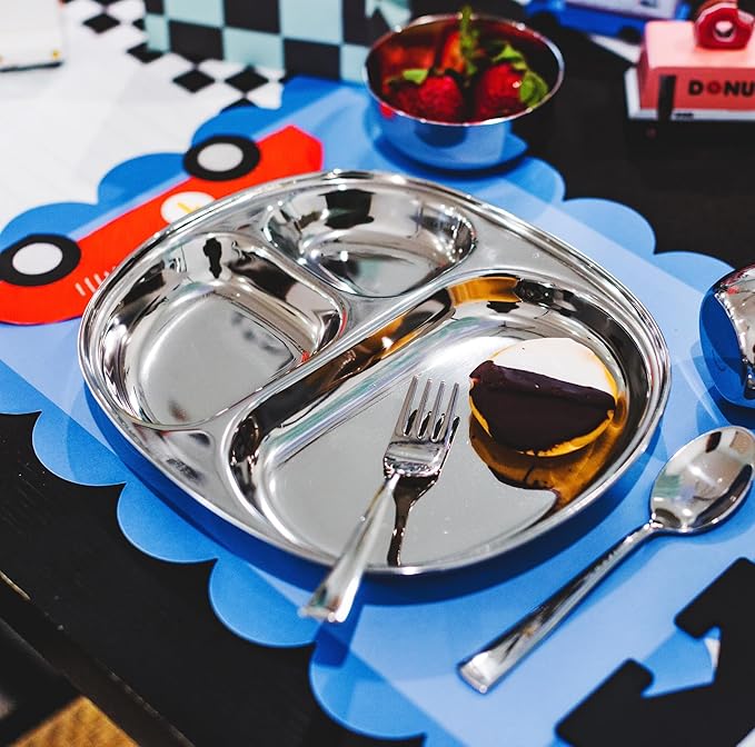 Ahimsa Stainless Steel Kids Plate Pediatrician Designed Divided Toddler &amp Baby Plates Non Toxic Unbreakable &amp Dishwasher Safe Polished