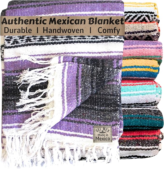 Del Mex Classic Mexican Blanket Large Authentic Woven Falsa Throw (70x50) Artisan Southwest Décor for Beach Yoga Outdoors (Lavender)