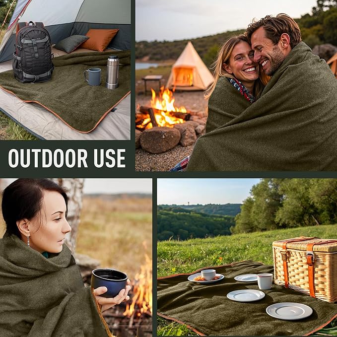 Large Military Wool Blanket - Warm &amp Thick Emergency Survival Blanket Great for Camping Outdoors Sports Events Picnics 4.5 lbs 64 x 88 (Olive Green)