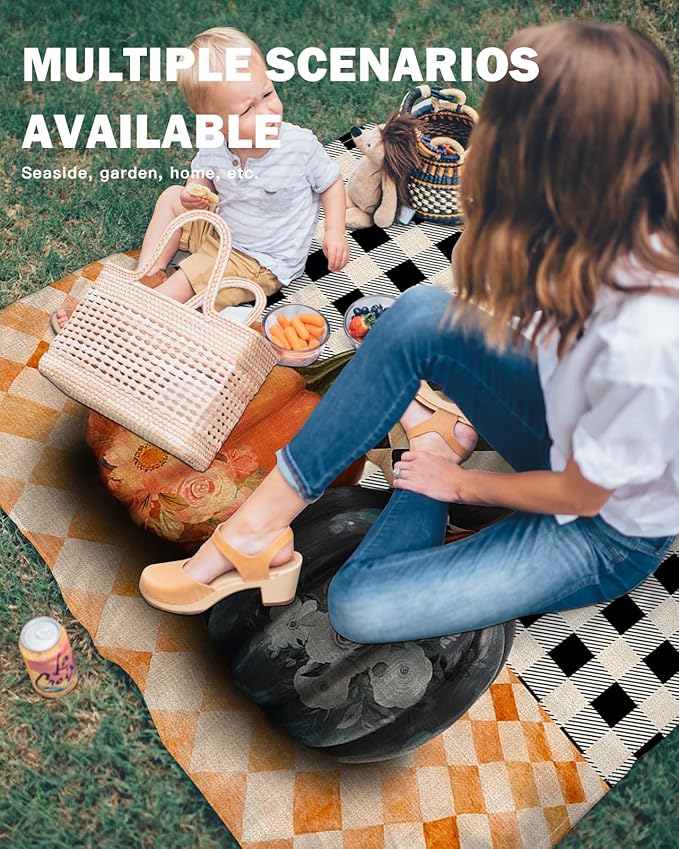 Beach Blanket Waterproof Sandproof Fall Thanksgiving Pumpkin Black Buffalo Plaid Quick Drying Beach Mat with 4 Stakes Orange Lattice Vintage Linen Lightweight Picnic Blanket for Travel 108x84