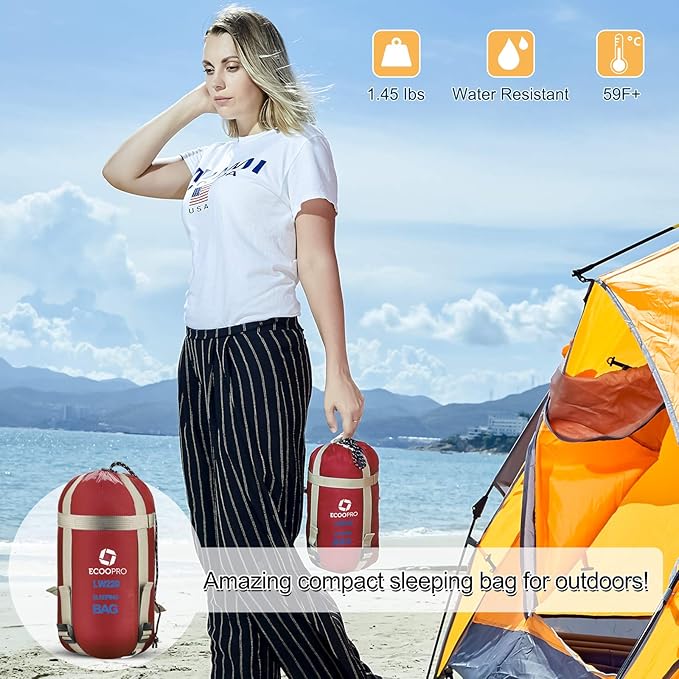 ECOOPRO Warm Weather Sleeping Bag - Portable Waterproof Compact Lightweight Comfort with Compression Sack - Great for Outdoor Camping Backpacking &amp Hiking-83 L x 30 W Fits Adults