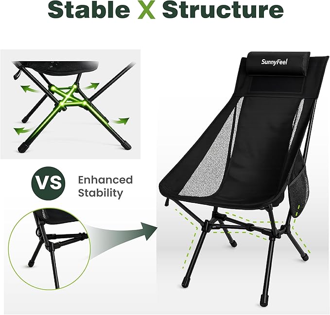SUNNYFEEL High Back Camping Chair 15 Second Setup Frame 330lb Capacity Portable Backpacking Chair Lightweight &amp Compact Folding Camp Chair for Hiking Camping Black