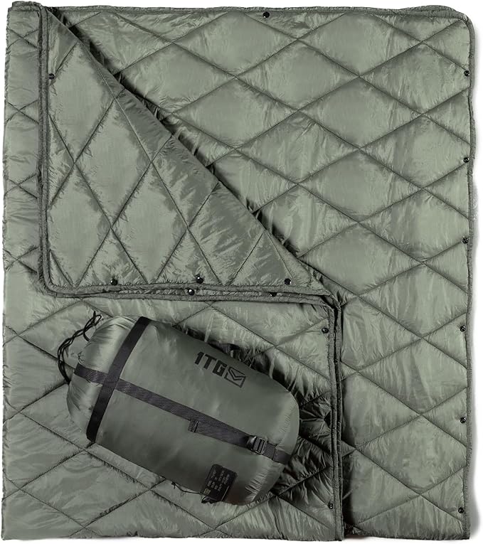 Camping Blanket - Packable Ultra Warm and Lightweight with Snap Button Backpacking Quilt for Sleeping Outdoors Travel and Indoor Use - Olive Green