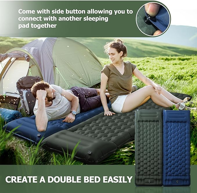 Sleeping Pad 4.7 Extra-Thick &amp Ultralight Inflatable Camping Mat with Pillow Built-in Foot Pump Compact for Backpacking Camping Hiking Travel —Military Green
