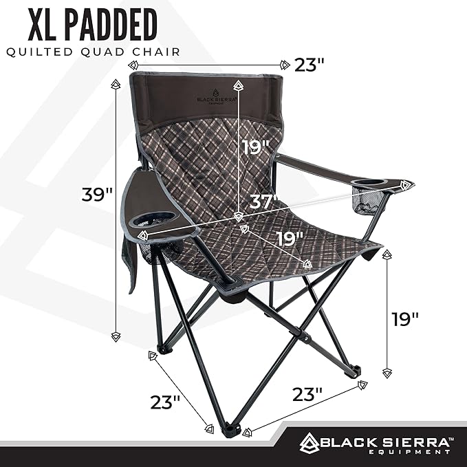 Black Sierra Oversized Camping Folding Chair Heavy Duty Outdoor Seat Supports 300 lbs with Steel Frame Collapsible Quilted Padded Plaid Camp Bag Chair for Tailgating Sports Games Patio