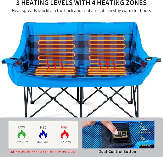 DoCred Heated Double Camping Chair Folding 2 Person Camping Chairs Loveseat Outdoor SportsHeated Oversized Lawn Chairs for AdultsHeating Camp Chair with 3 Heat Levels Battery NOT Included