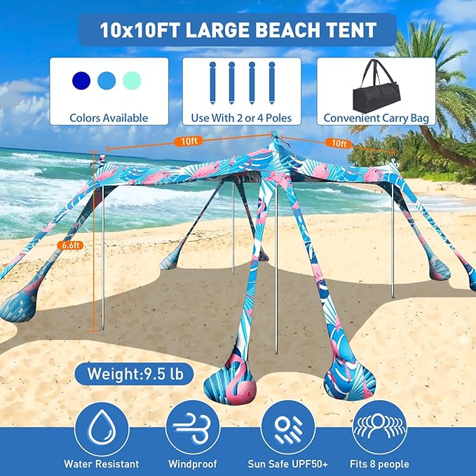 Beach Tent Sun Shelter 10x10ft Beach Canopy Easy Pop Up Sun Shade Portable UPF50+ with 8 Sandbags-2 Sand Shovel-4 Aluminum Poles-Ground Pegs for Outdoor Family Camping Fishing Backyard Picnic