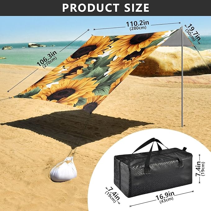 Sunflower Flower FloralCamping Sun Shelters 9.2 x 10.5 FT Beach Canopy Tent Sun Shade with Carrying Bag for Camping Trips Fishing Backyard Fun or Picnics 21340055