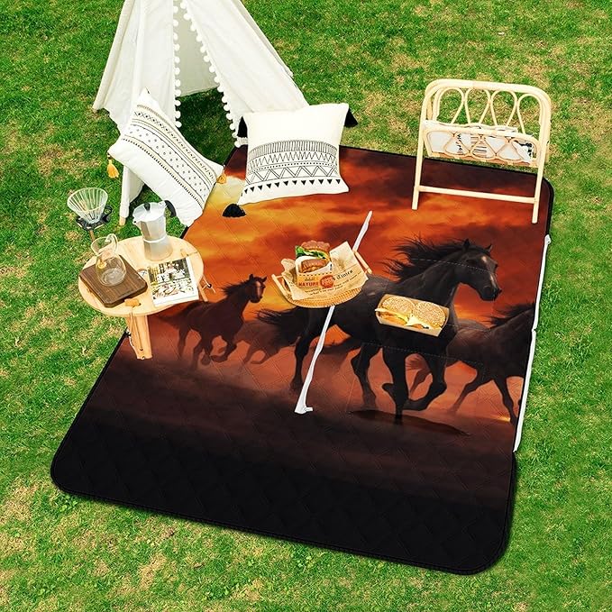 Zipper Horses Red Glowing Clouds Style Picnic Mat Suitable for Travel Camping Park Or Home Use