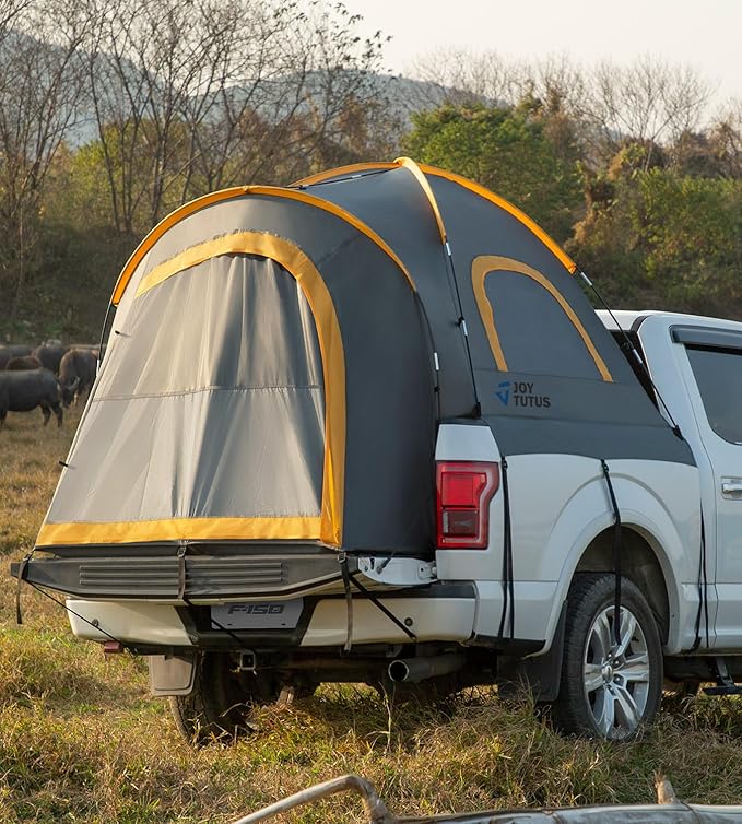 JOYTUTUS Truck Bed Tent with Rainfly Portable Pickup Truck Tent 5.5ft-5.8ft Fiberglass Pole Waterproof PU2000mm Fabric for 2 Person Easy Set-up Orange