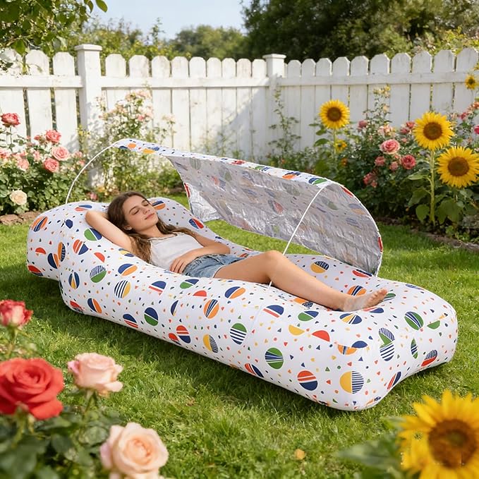 Inflatable CouchAir Sofa with Sun-Shade DesignBuilt-in StorageRipstop Polyester&ampStability PegsPortable Air Lounger for BeachCampingEasy to Carry2 Inflation Ways(Included Pump)Pebble Gray