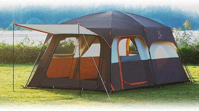 KTT Large Tent 8-10-12 PersonFamily Cabin Tents2 Rooms2 Doors and 4 Windows with MeshStraight WallWaterproofDouble LayerBig Tents for OutdoorPicnicCampingFamily Gathering