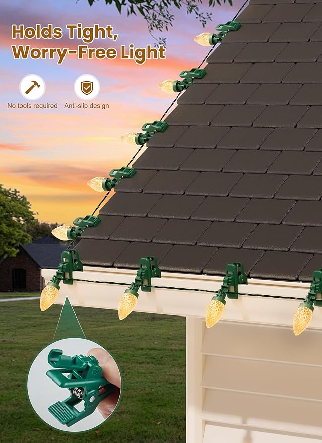 C9 68Ft Led Christmas String Lights 100 LED with Quick Clips Outdoor Waterproof Strawberry Lights Commercial Grade Extendable for Indoor Outside Roofline Patio Home Xmas Decoration Warm White