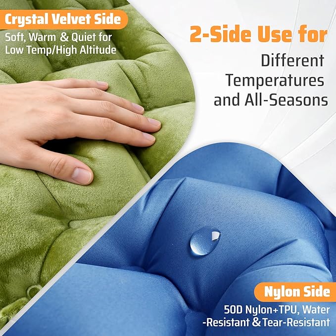 4 Thick Double-Sided Camping Sleeping Pad | Warm Velvet Top Waterproof Nylon Bottom | Inflatable Mattress for Backpacking &amp Cold Weather