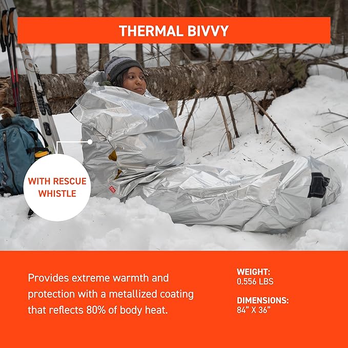 S.O.L. Survive Outdoors Longer SOL Thermal Bivvy w/Rescue Whistle - Reflects up to 80% Body Heat - Waterproof Emergency Blanket for Survival Gear - Silver