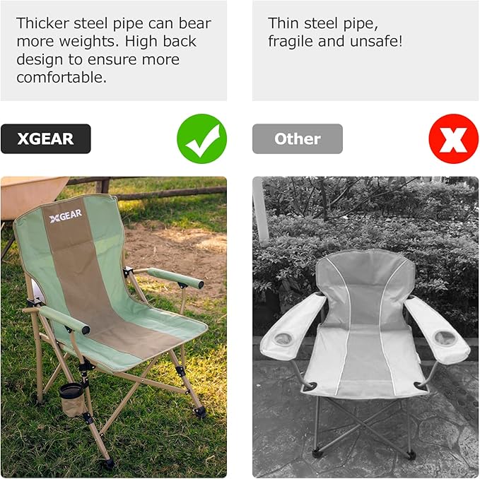 XGEAR Camping Chair with Padded Hard Armrest Sturdy Folding Camp Chair with Cup Holder Storage Pockets Carry Bag Included Support to 400 lbs
