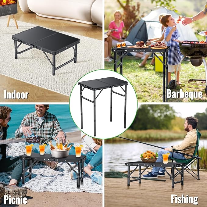 GARLLEN 2ft Folding Camping Table 3 Adjustable Height Lightweight Folded Picnic Table Portable Aluminum Grill Table for Camping BBQ Outdoor 22.8 L x 15.7 W Black