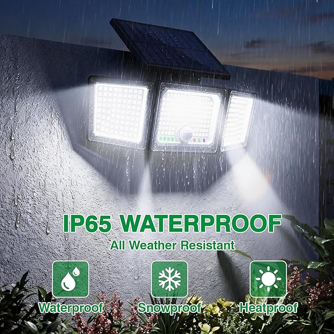 Solar Outdoor Lights Motion Sensor 3500LM 286 LED Security Flood Lights with Visual Battery &amp Mode Display 3 Lighting Modes IP65 Waterproof 3-Head Wide Angle for Garage Yard Patio (4 Pack)