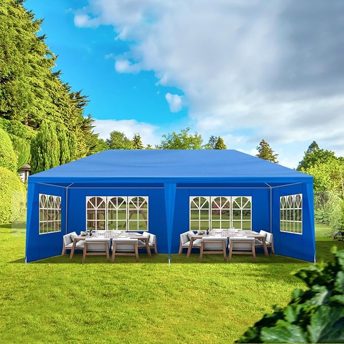 VOYAGEECO 10'x20' Outdoor Party Tent with 6 Removable Sidewalls Waterproof Canopy Patio Wedding Gazebo Blue