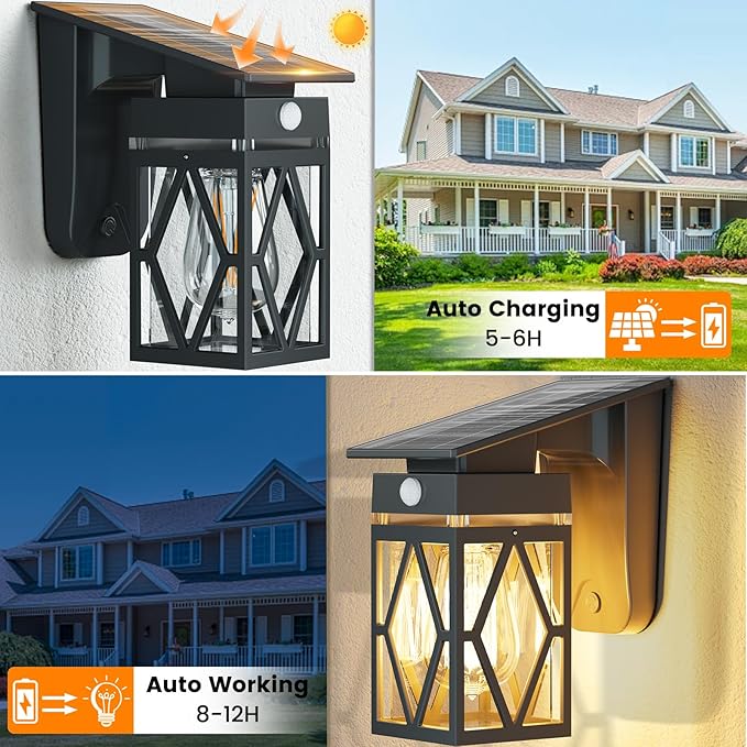 Solar Porch Lights Outdoor Dusk to Dawn &amp Motion Sensor Solar Wall Light with Lantern Shape 3 Modes IP65 Waterproof E26 Bulb Exterior Sconce for Front Porch Garage Patio Security