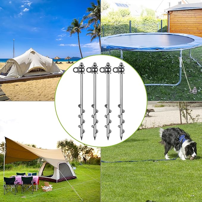 4 Pack Tent Stakes 12 Inch Heavy Duty Ground Anchors Full Welding Easy to Screw in and Reusable for Camping Tents Trampolines Sheds Swing Sets Securing Animals