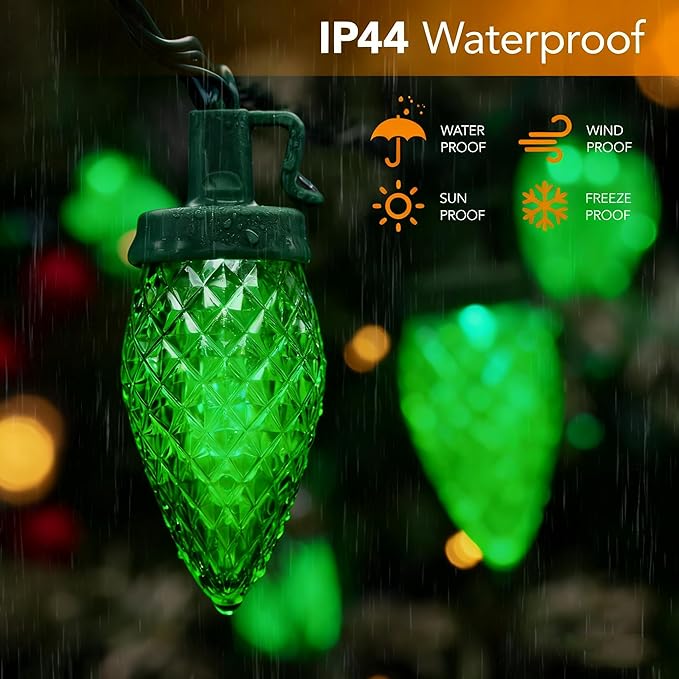 C9 LED Christmas Lights Outdoor33 Feet 50 LED 8 Lighting Modes Waterproof Connectable Christmas String Lights for Outside Roofline Patio Home Xmas Decorations (Green)