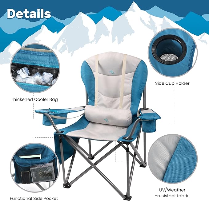 Double Padded Oversized Folding Camping Chair Folding Beach Chair for Adults with Lumbar Support &amp Headrest Camping Chair with Armrest Cooler Bag Side Pocket Cup Holder Blue&ampWhite