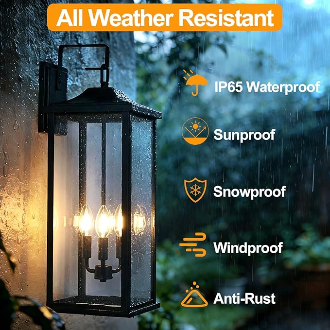 24 2Pack Outdoor Wall Light Fixture 3-Light Candelabra Exterior Wall Sconce E12 Base Clear Glass Modern Matte Black Porch Light IP65 Waterproof Wall Mounted for Front Door Garage &amp House