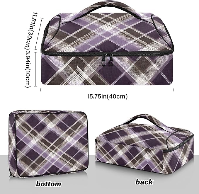 Casserole Carrier Print Purple Brown Tartan Plaid Insulated Casserole Carrier for Hot or Cold Food Thermal Lunch Tote for Parties Picnic Travel Carry Bag