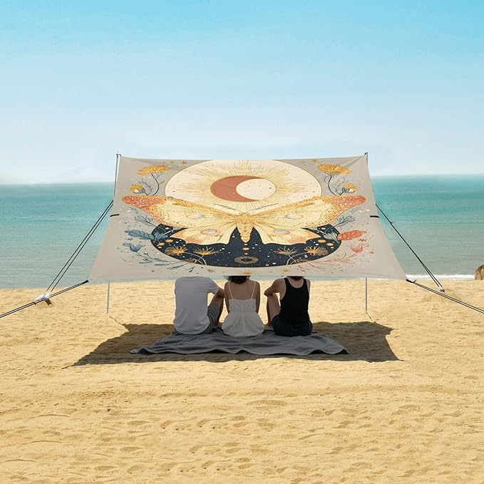 ALAZA Butterfly Moon Star Dandelion Beach Tent Sun Shelter UPF50+ Protection Beach Shade Canopy w/ 4 Sandbags for Outdoor Camping Fishing Backyard Fun Picnic 10x9 ft