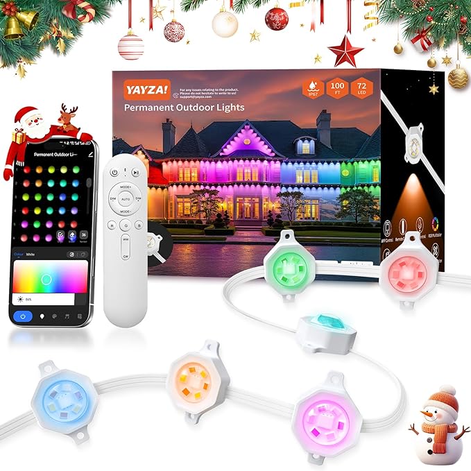 YAYZA! Permanent Outdoor Lights Pro100ft 72 LED Smart RGB+IC+Warm/Cool White Christmas Eave Lights 135lm Music Sync &amp DIY Scenes IP67 Waterproof for Outside Decor Works with AlexaGoogle Remo