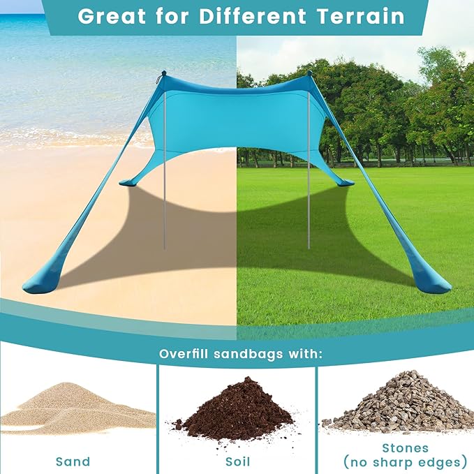 Beach Tent - 9.8 * 6.5 FT Beach Canopy Portable Beach Tent Sun Shelter UPF50 with 4 Sandbags 2 Stability Poles Ground Pegs and Anti-Wind Ropes Outdoor Beach Shade Canopy for Camping Sky Blue