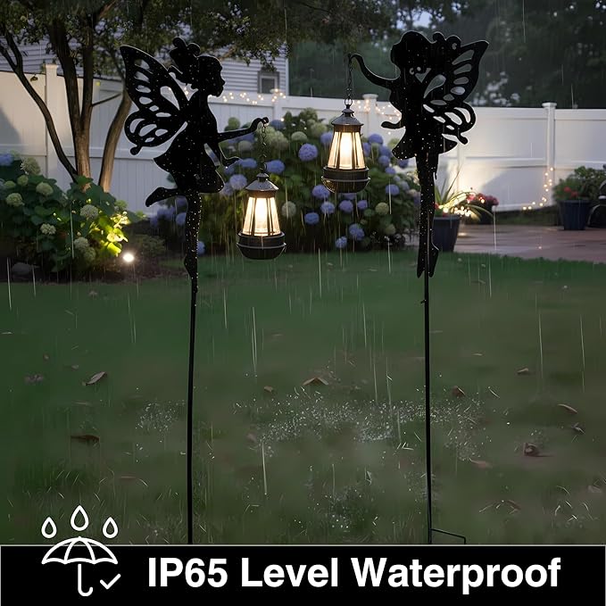 Solar Fairy Garden Accessories Outdoor 1 Pair - Metal Stakes Decorative Figurines Housewarming Ornament for Patio Lawn Yard Pathway - Unique Gift Ideas for Gardening Mom Grandma (Warm Lighting)
