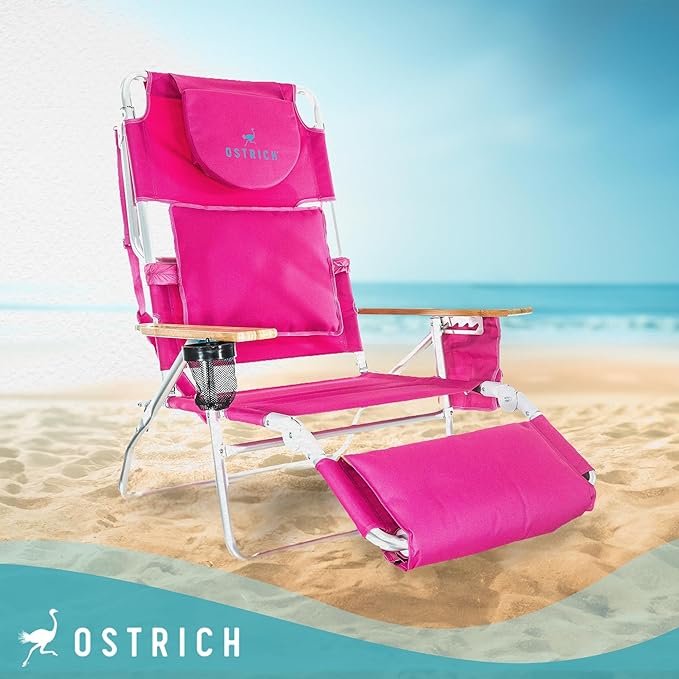 Ostrich Portable Deluxe 3-in-1 Padded Sports Chair w/5 Positions and Footrest &amp Chaise Lounge Folding Steel Frame Beach Chair w/4 Positions Pink