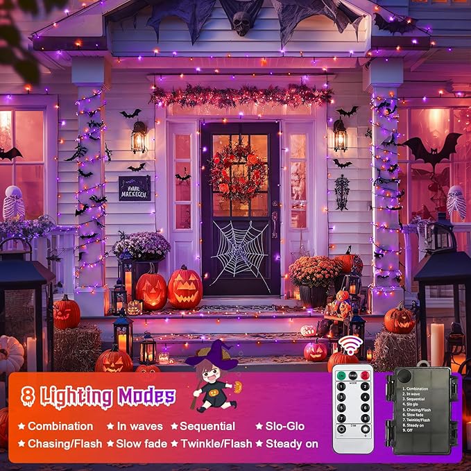 JMEXSUSS Orange and Purple Halloween Lights Battery Operated Each 33 FT Indoor Halloween Lights Outdoor Waterproof 2 Pack 100 LED Christmas Light for Christmas Tree Decor