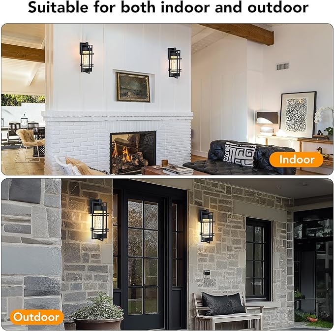 Outdoor Front Porch Light Fixtures Wall Mount Water Ripple Outdoor Wall Lantern2 Pack Black Exterior Lighting Fixtures Waterproof Sconce Lights Outside Lantern Lamp for Garage(Bulb Included)