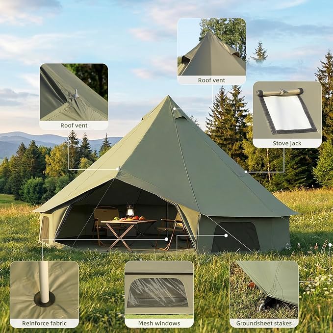 YOLENY Bell Tent Yurt Tent 4/6/8/10 Person 4 Season Waterproof Glamping Tents w/Stove Jack for Family Camping Outdoor Party Glamping Tents for Camping - 10/13.1/16.4FT