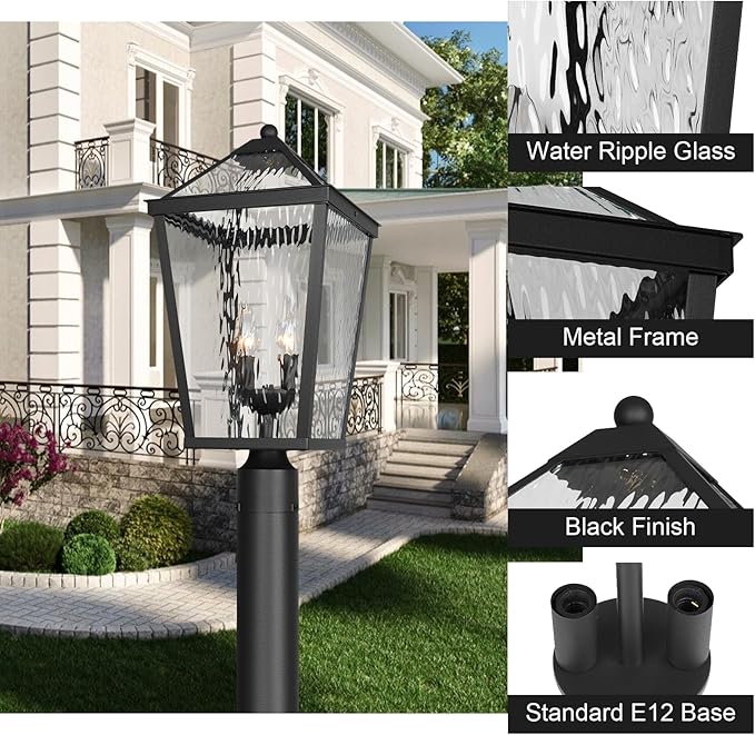 Treekee Outdoor Post Light Fixture Modern Black Pole Lantern with Water Ripple Glass &amp E12 Sockets Exterior Post Cap Lamp for Garden Pathway Courtyard Patio Porch Driveway Street