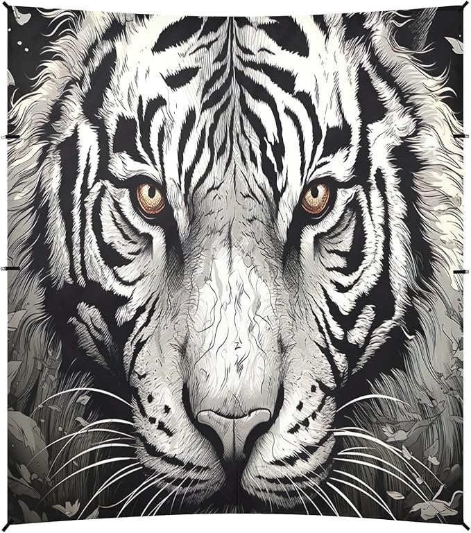 White Tiger Face Beach Tent Sun Shelter 9.2' x 10.5' Beach Canopy with 4 Sandbags 4 Stability Poles Sand Shovels - Tent Canopy for Beach Camping Fishing Picnics