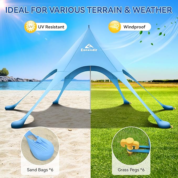 Beach Tent Sun Shelter &amp Portable Beach Canopy UPF 80+ UV Protection Beach Shade Canopy with 6 Sandbags Sand Shovel Ground Pegs for Outdoor Camping Picnics (12x12ft Sky Blue)