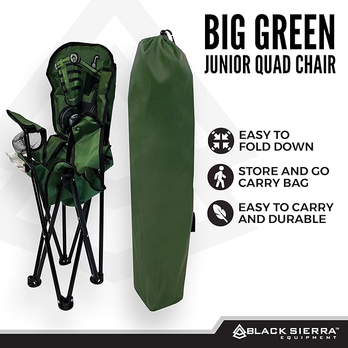 Black Sierra Folding-Lawn Chair for Camping Beach Backyard Sporting Events. for Kids Ages 3-10. Comes with Cup Holder and Carry Bag. Portable-Chair for Travel Supports 150 Lbs. (Big Green)