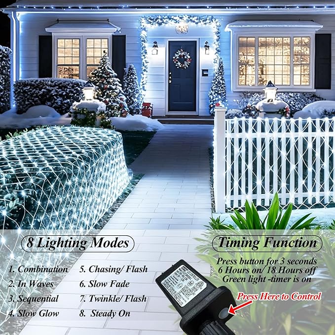 300 LED Net Lights for Bushes 14.8ft x 5ft 8 Modes Christmas Outdoor Mesh Lights Connectable Waterproof Decorative String Light Plug in for Xmas Tree Garden Wedding Party (Clear Wire White)